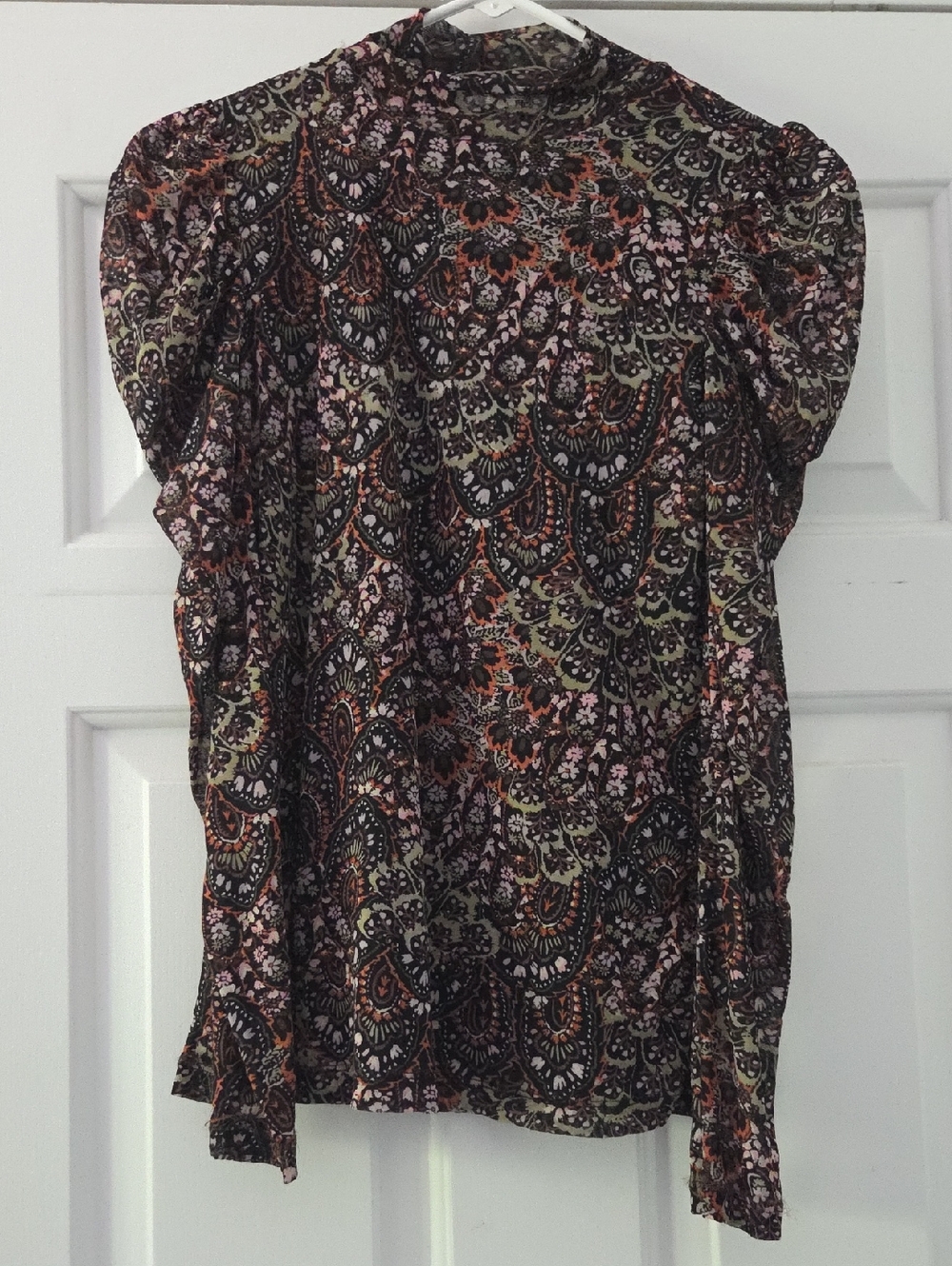Bar III Black Floral Paisley Puff-Sleeve Blouse with Pink & Tan Details